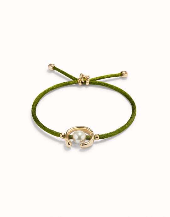 Pulsera de hilo verde oscuro con perla shell fornitura ba&ntilde;ada en oro 18k.